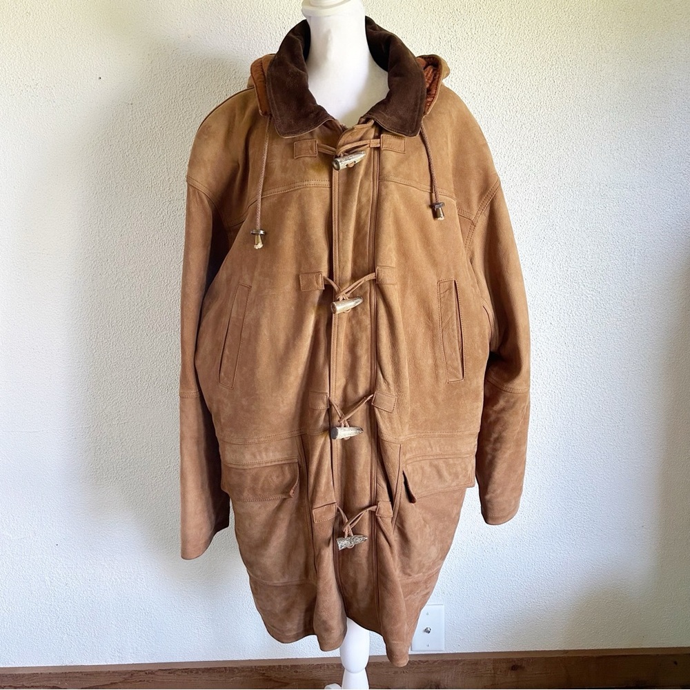 Burberry Vintage Brown Suede Duffle Coat Toggle Zip Removable Hood XL